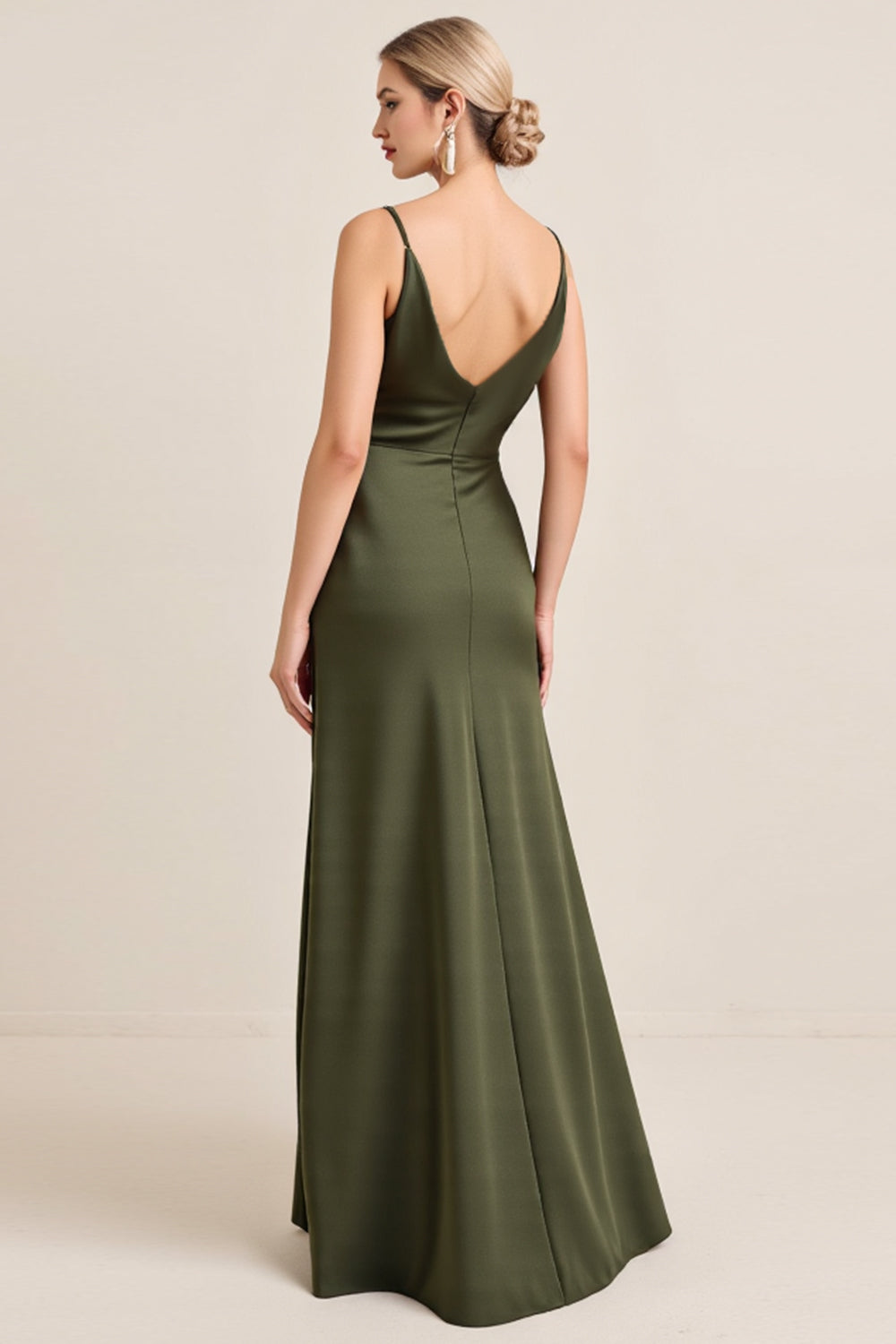 Olive Satin Spaghetti Straps Sheath Maxi Bridesmaid Dress with Slit