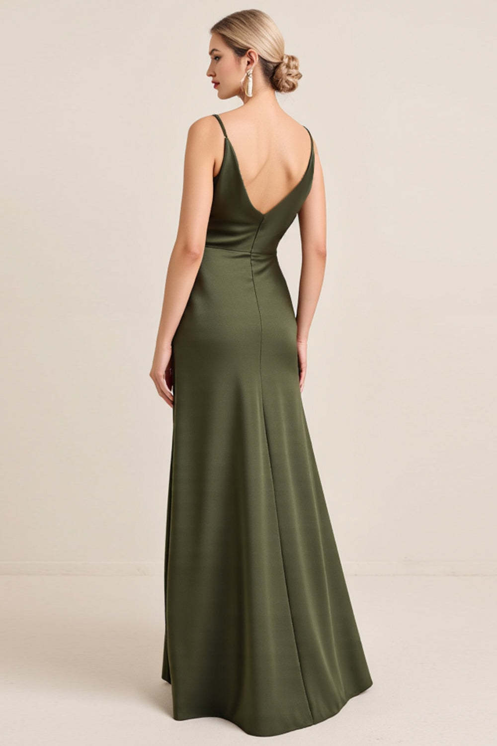 Olive Satin Spaghetti Straps Sheath Maxi Bridesmaid Dress with Slit