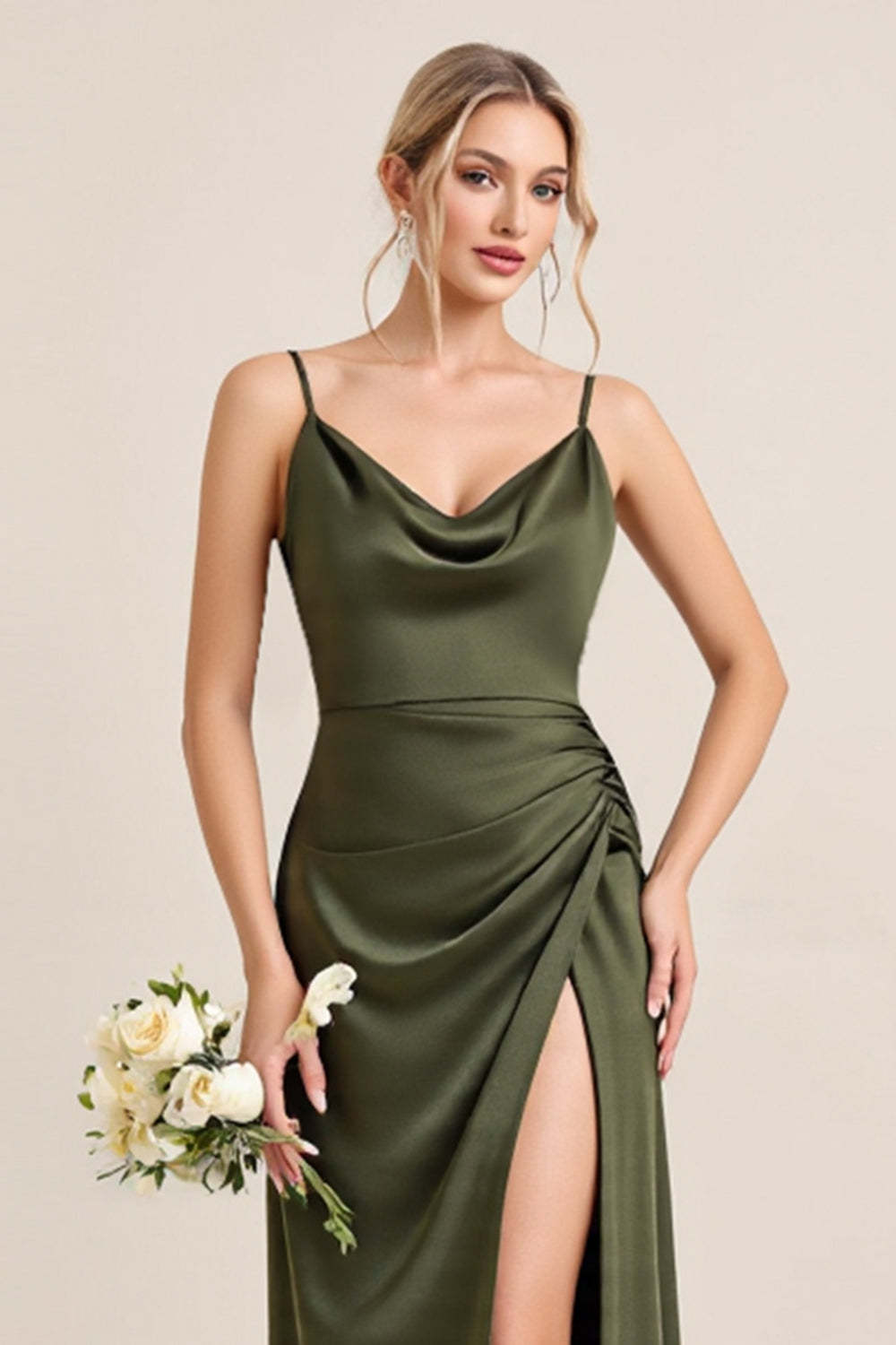 Olive Satin Spaghetti Straps Sheath Maxi Bridesmaid Dress with Slit