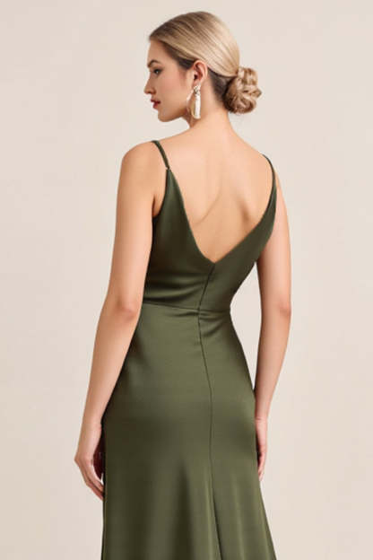 Olive Satin Spaghetti Straps Sheath Maxi Bridesmaid Dress with Slit
