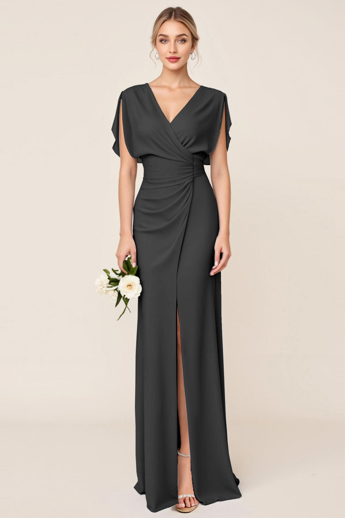 Light Blue V Neck Sheath Maxi Bridesmaid Dress