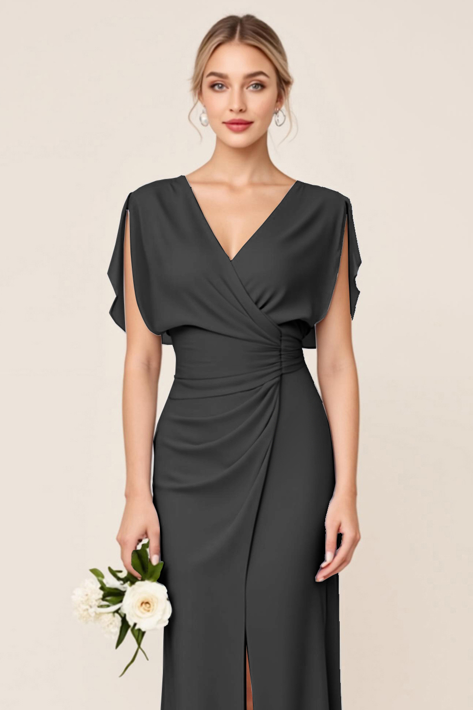 Light Blue V Neck Sheath Maxi Bridesmaid Dress
