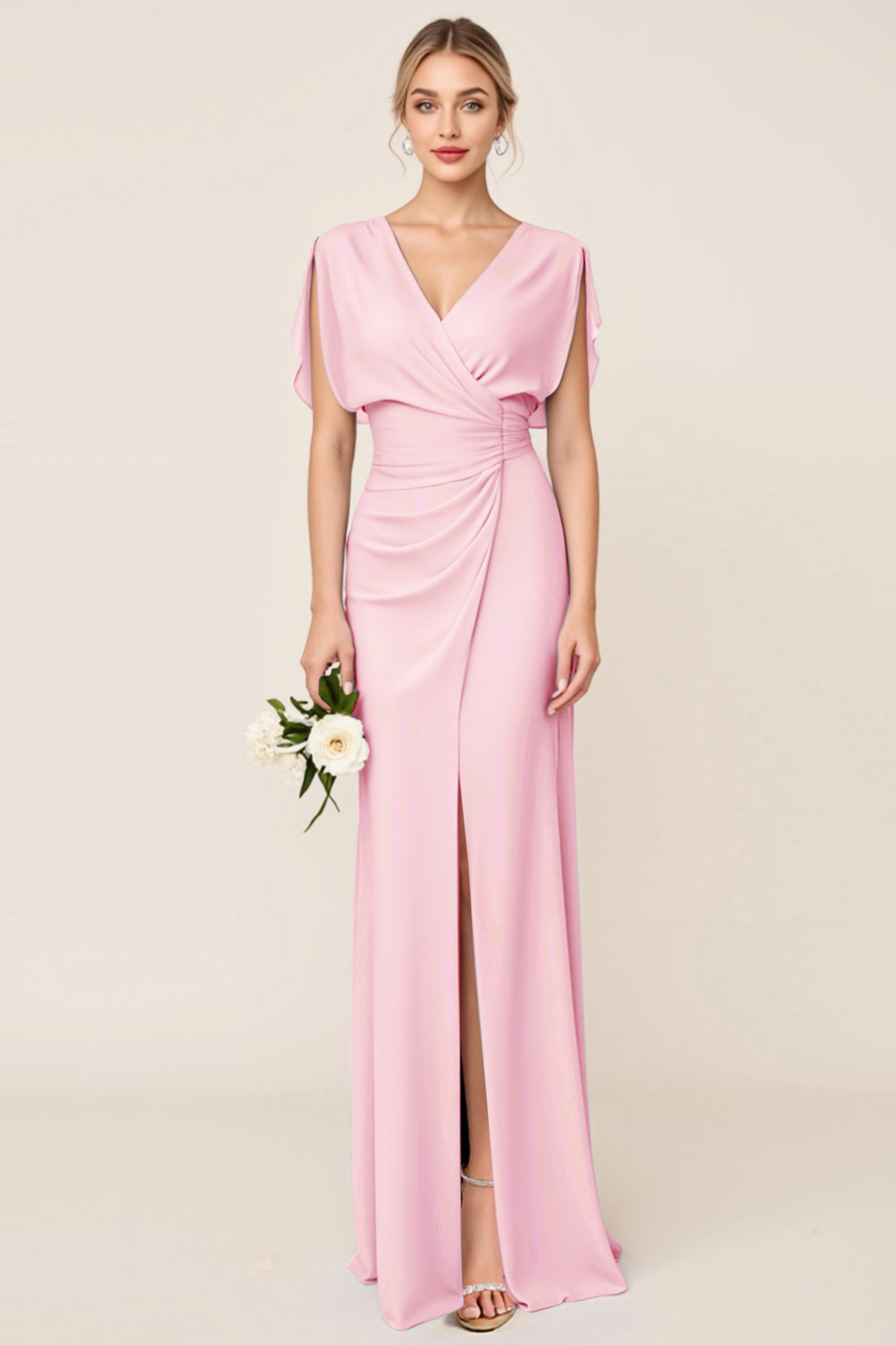 Light Blue V Neck Sheath Maxi Bridesmaid Dress