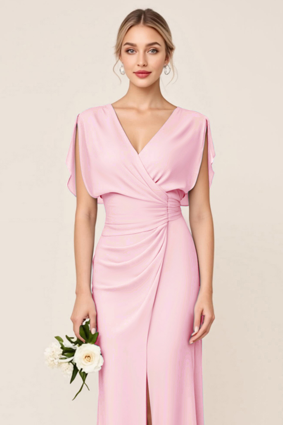 Light Blue V Neck Sheath Maxi Bridesmaid Dress