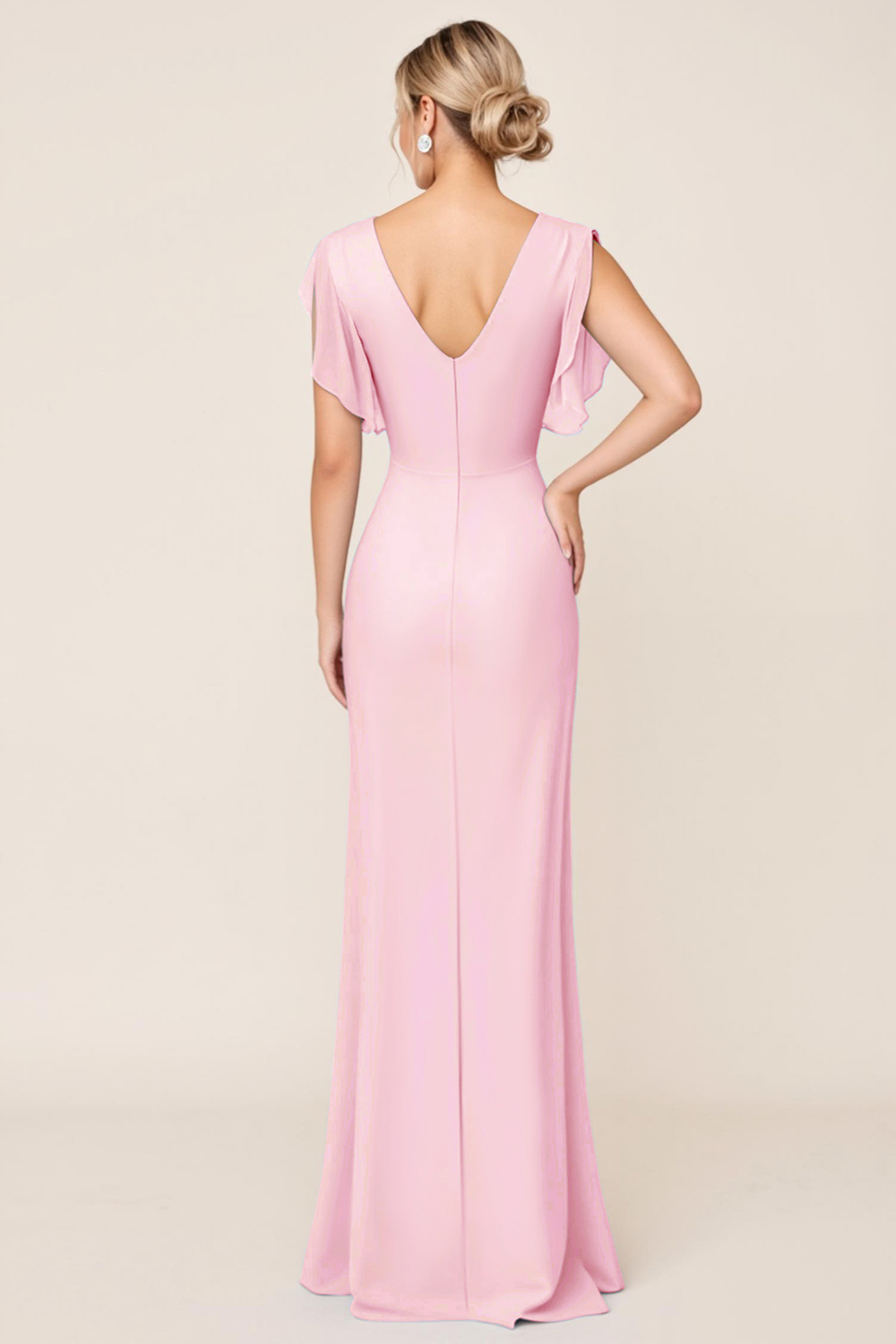 Light Blue V Neck Sheath Maxi Bridesmaid Dress