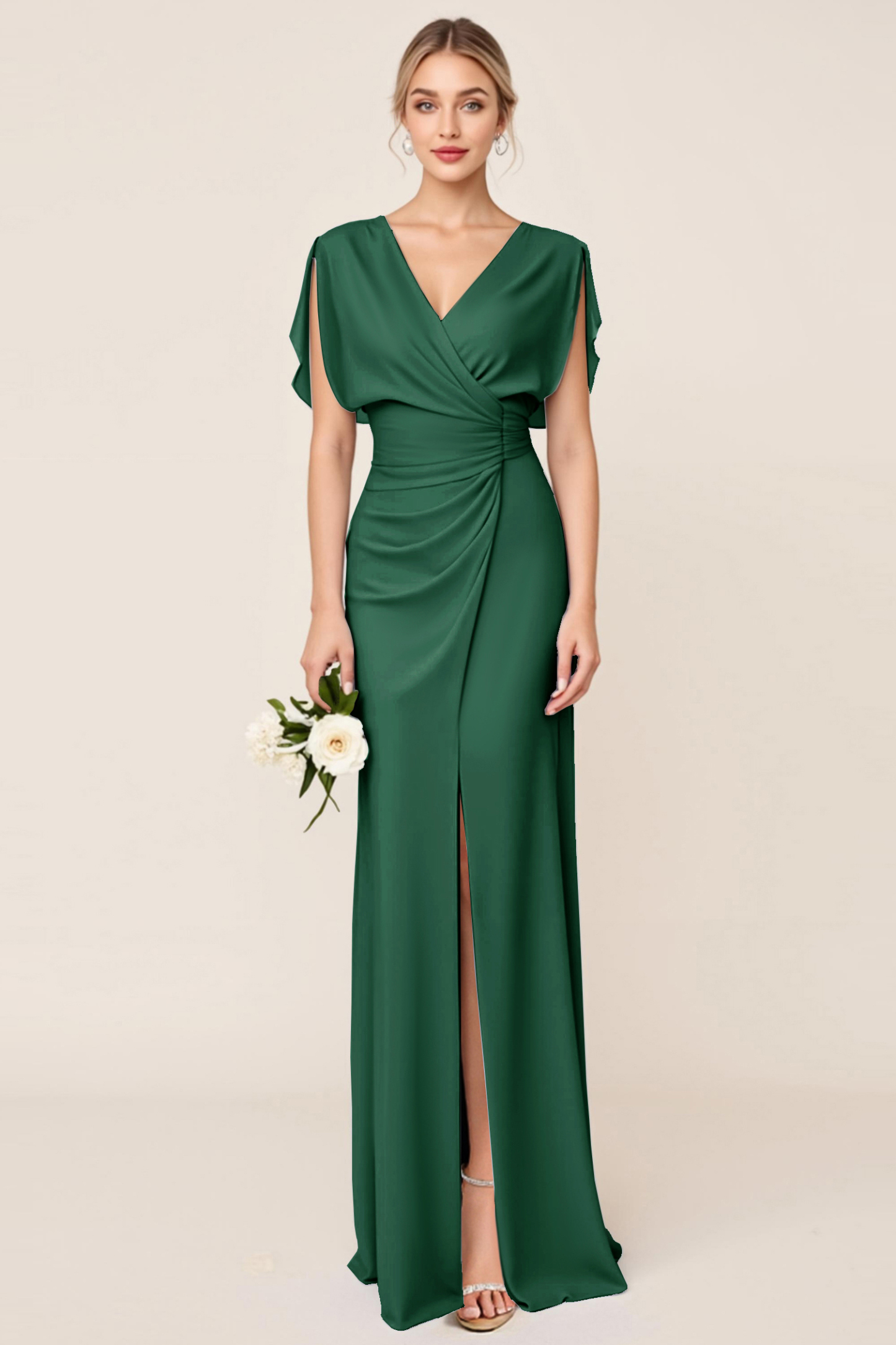 Light Blue V Neck Sheath Maxi Bridesmaid Dress