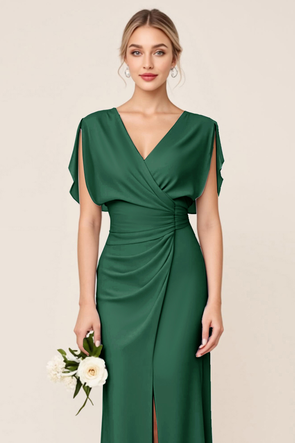 Light Blue V Neck Sheath Maxi Bridesmaid Dress