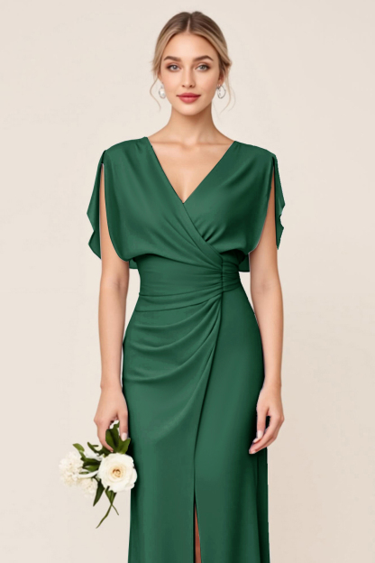 Light Blue V Neck Sheath Maxi Bridesmaid Dress