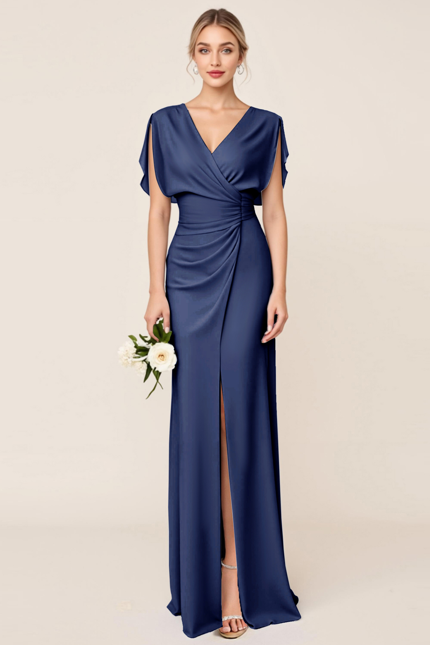 Light Blue V Neck Sheath Maxi Bridesmaid Dress