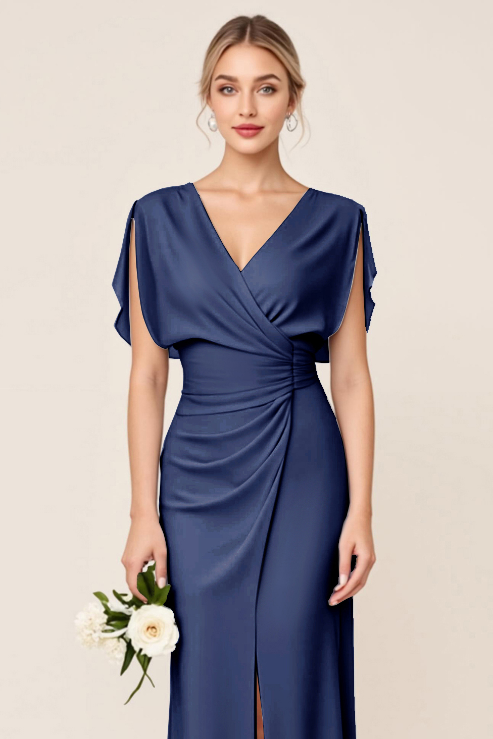 Light Blue V Neck Sheath Maxi Bridesmaid Dress