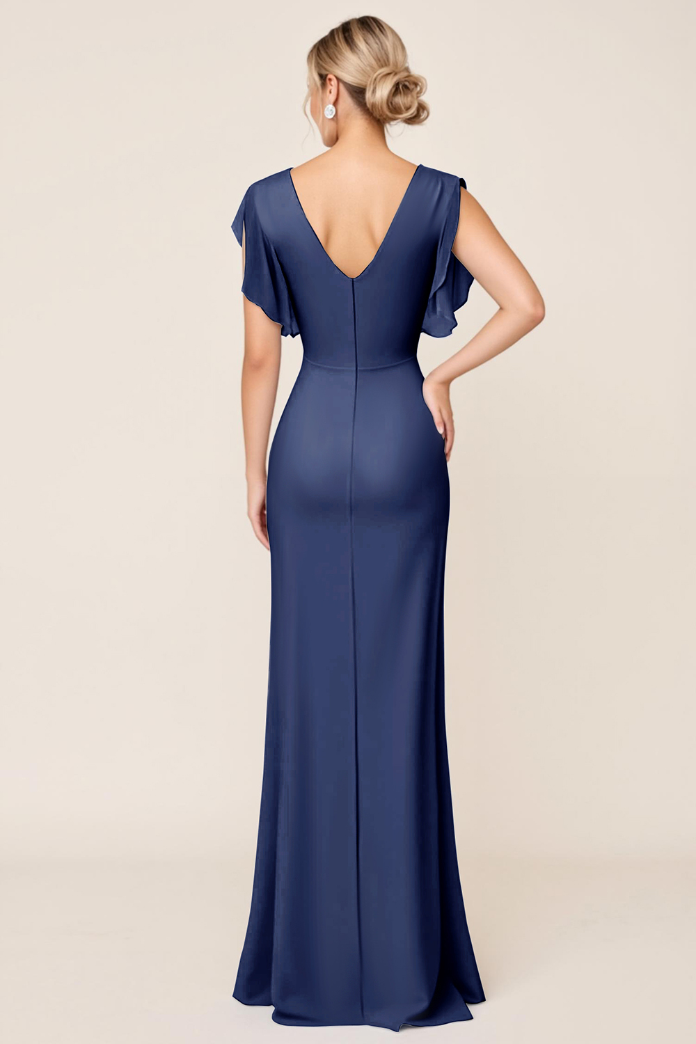 Light Blue V Neck Sheath Maxi Bridesmaid Dress