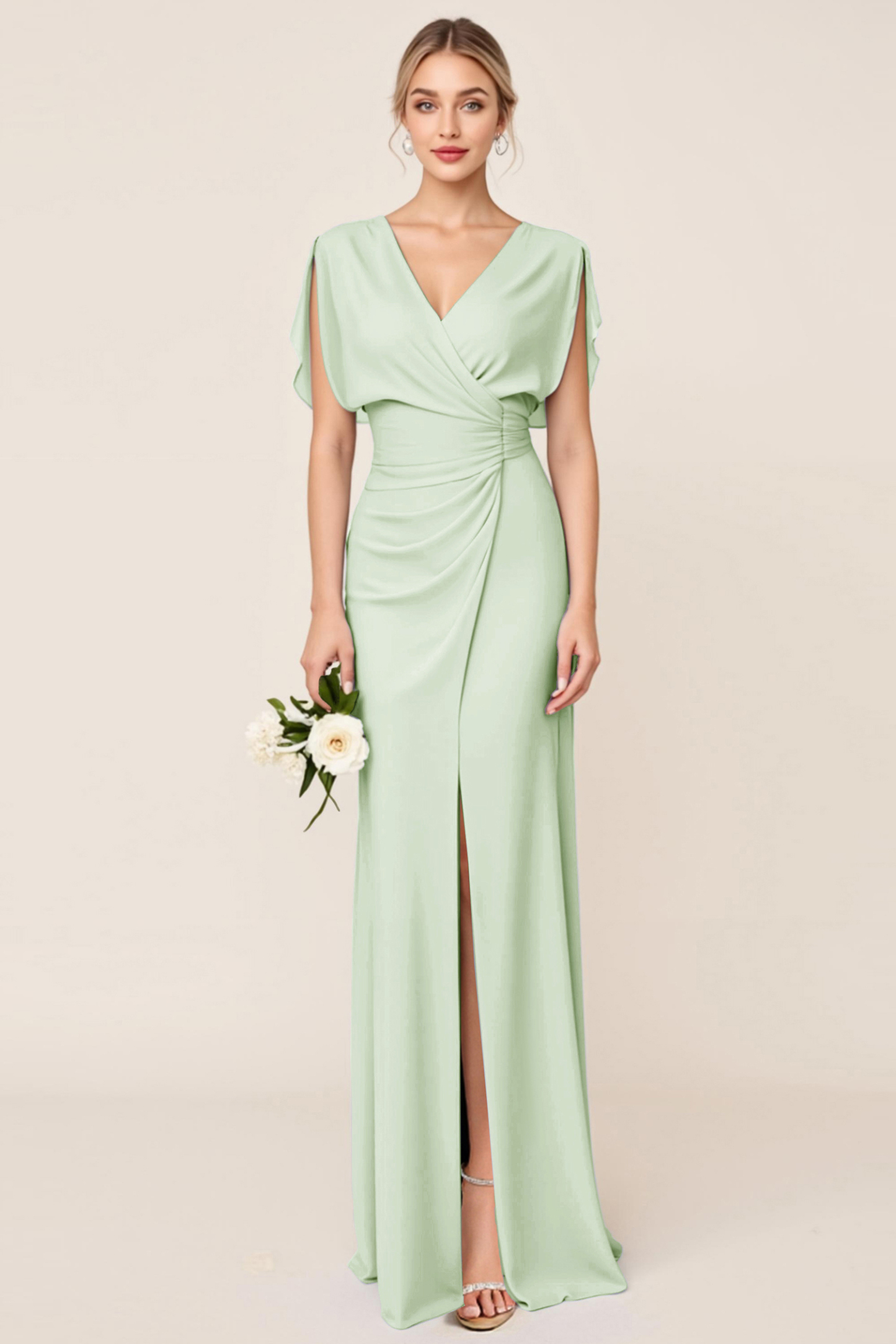 Light Blue V Neck Sheath Maxi Bridesmaid Dress