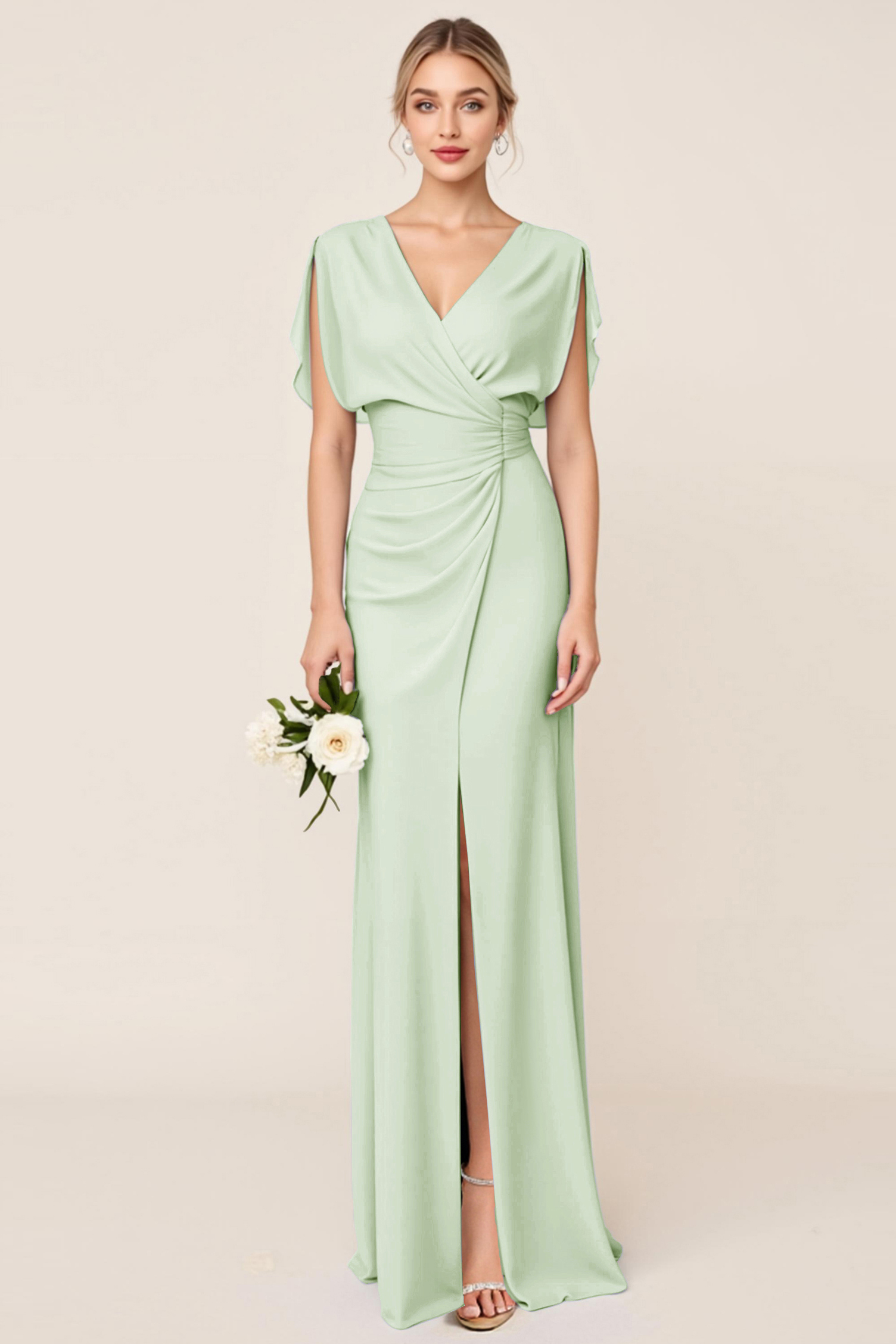 Light Blue V Neck Sheath Maxi Bridesmaid Dress