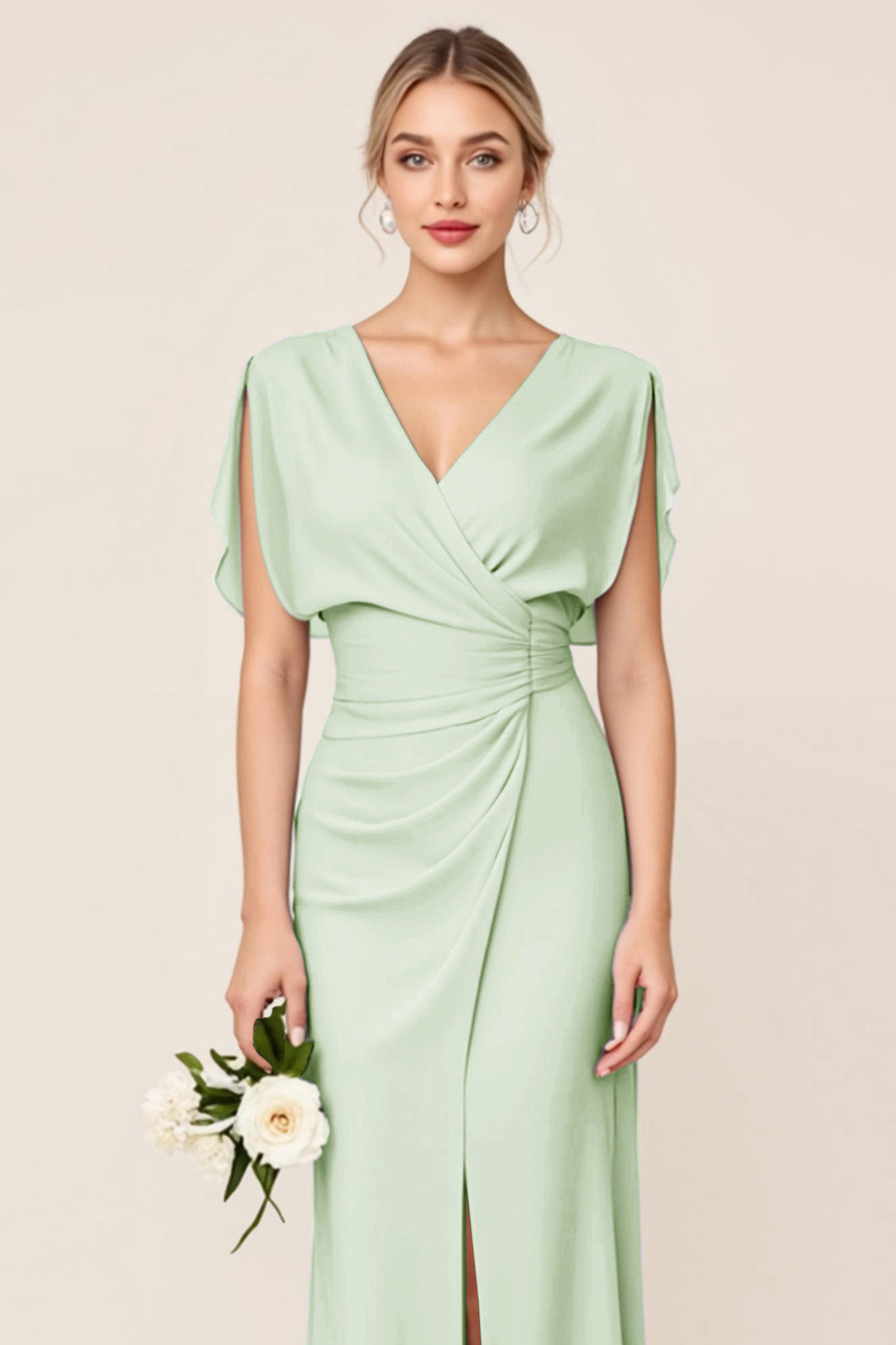 Light Blue V Neck Sheath Maxi Bridesmaid Dress