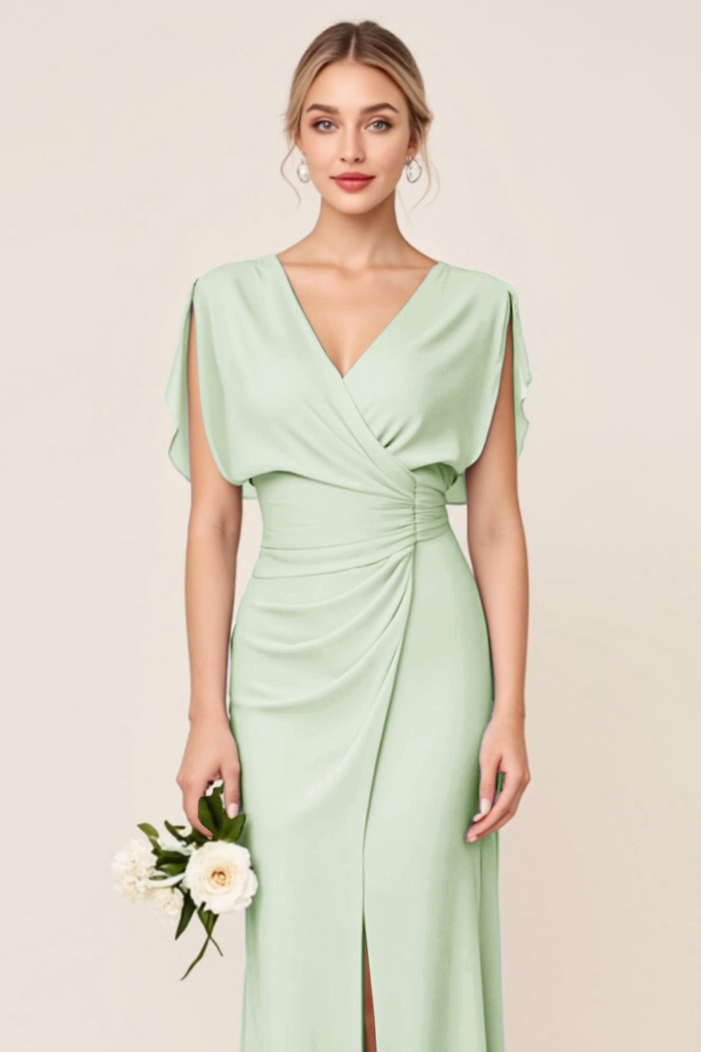 Light Blue V Neck Sheath Maxi Bridesmaid Dress