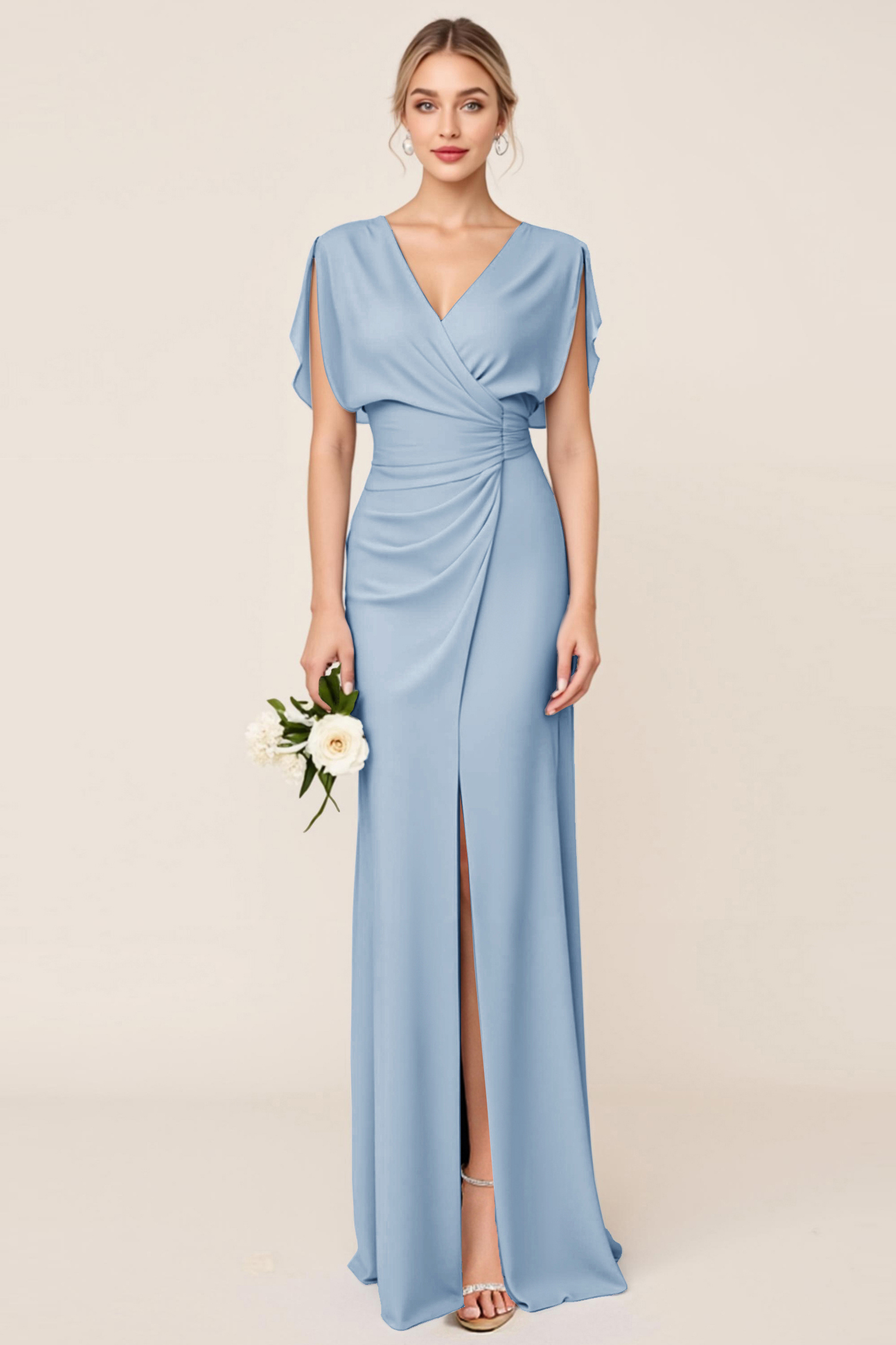Light Blue V Neck Sheath Maxi Bridesmaid Dress