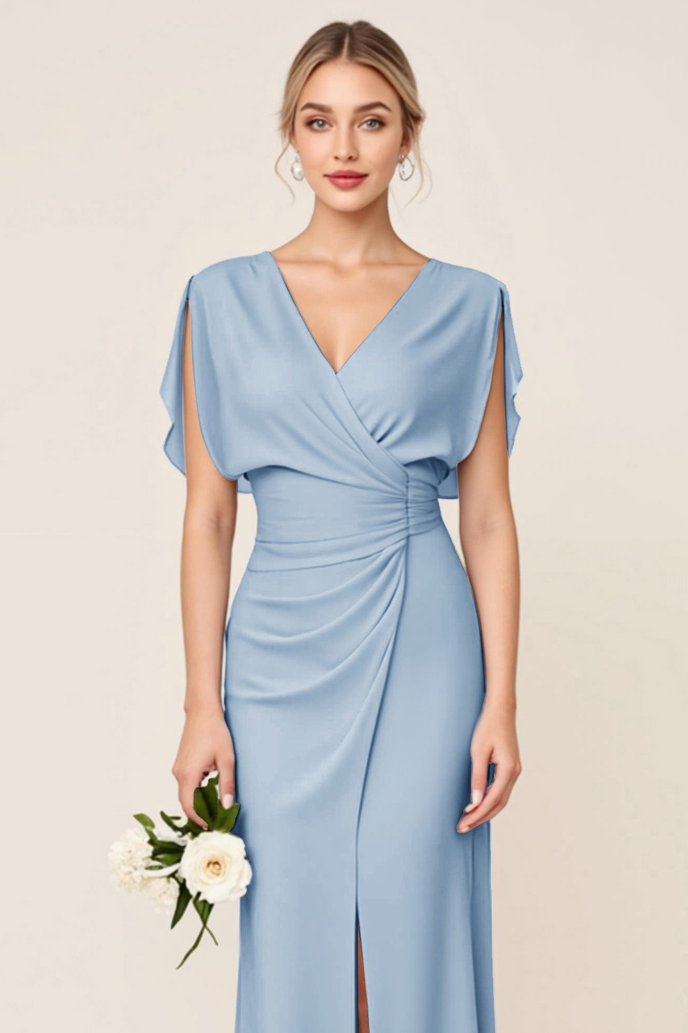 Light Blue V Neck Sheath Maxi Bridesmaid Dress