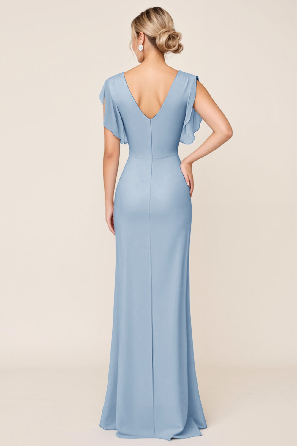 Light Blue V Neck Sheath Maxi Bridesmaid Dress