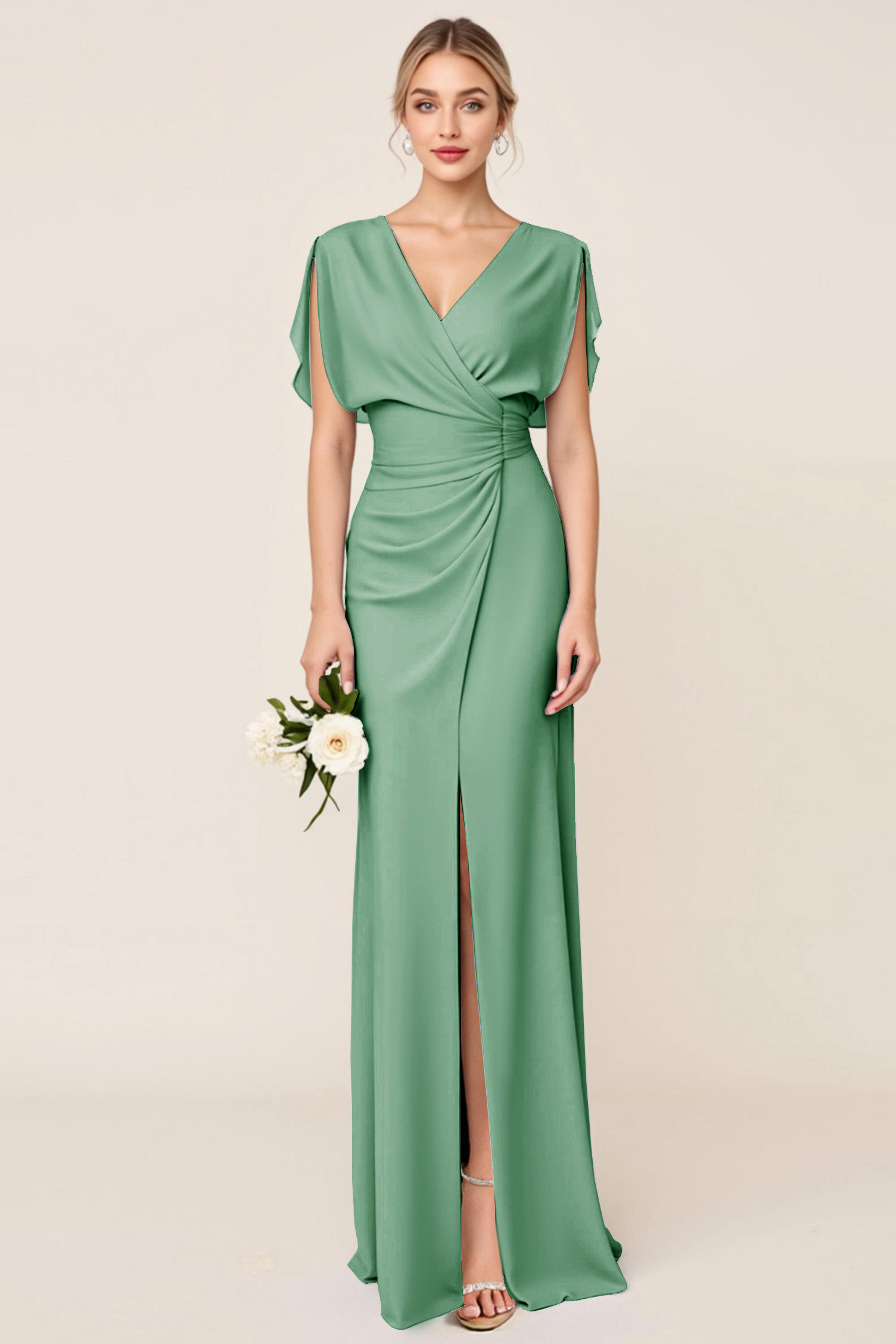 Light Blue V Neck Sheath Maxi Bridesmaid Dress