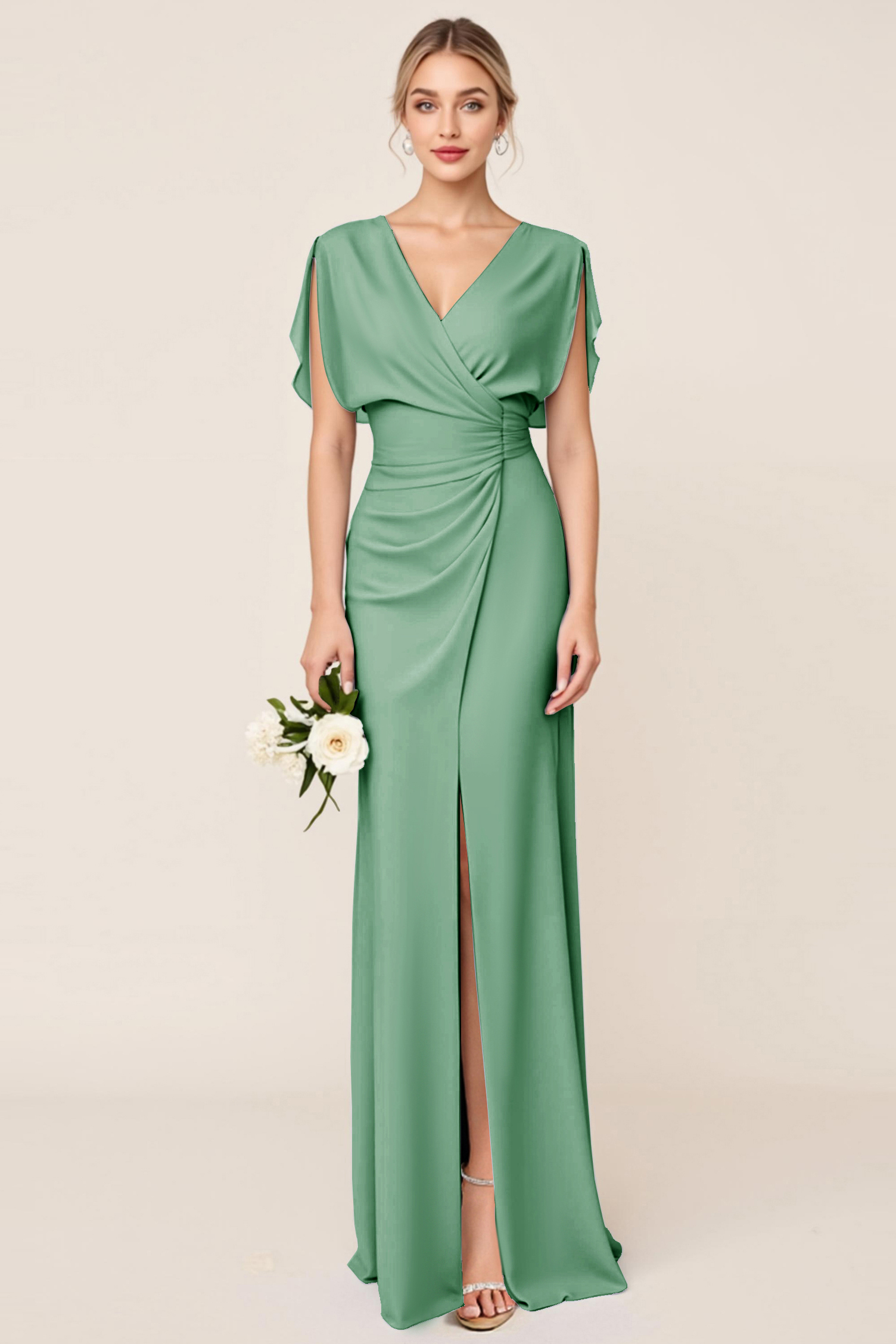 Light Blue V Neck Sheath Maxi Bridesmaid Dress