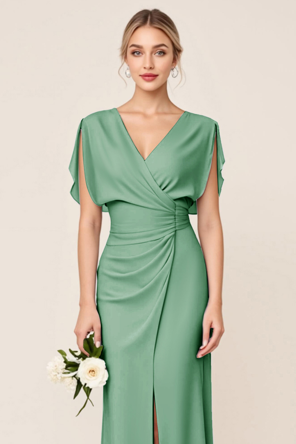 Light Blue V Neck Sheath Maxi Bridesmaid Dress