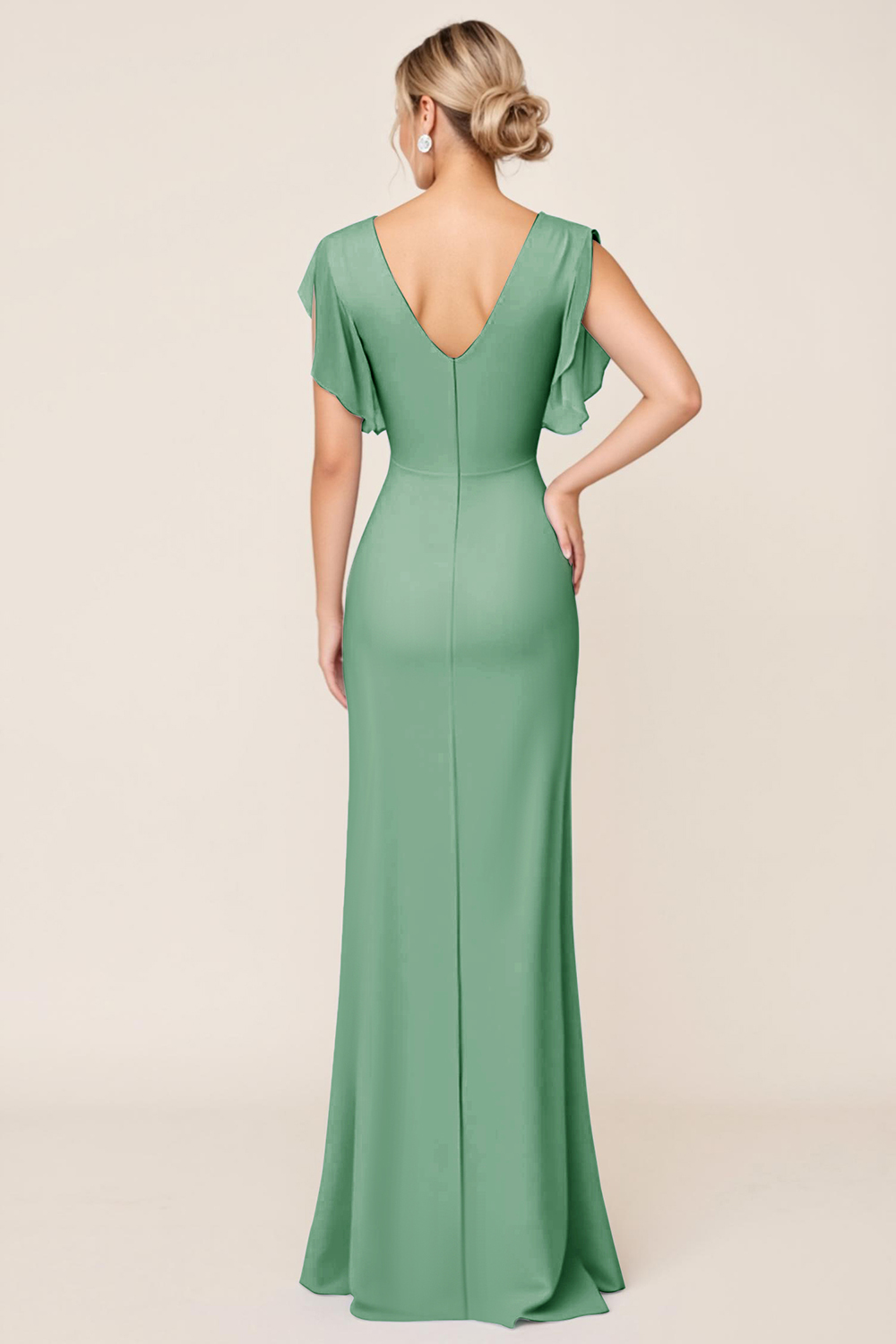 Light Blue V Neck Sheath Maxi Bridesmaid Dress