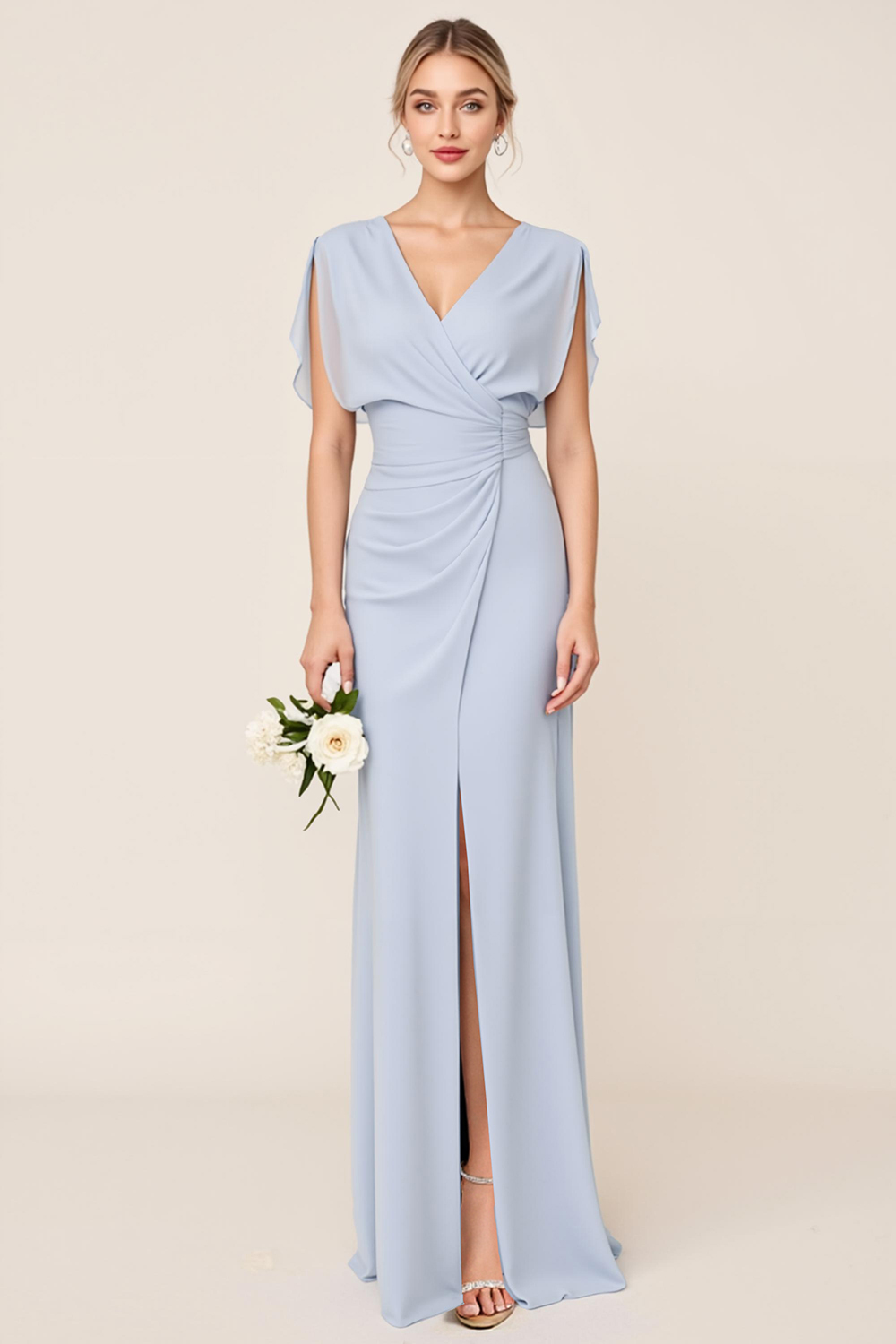 Leely Women Light Blue Maxi Sheath Bridesmaid Dress V Neck Backless Sleeveless Long Wedding Guest Dress with Ruffles