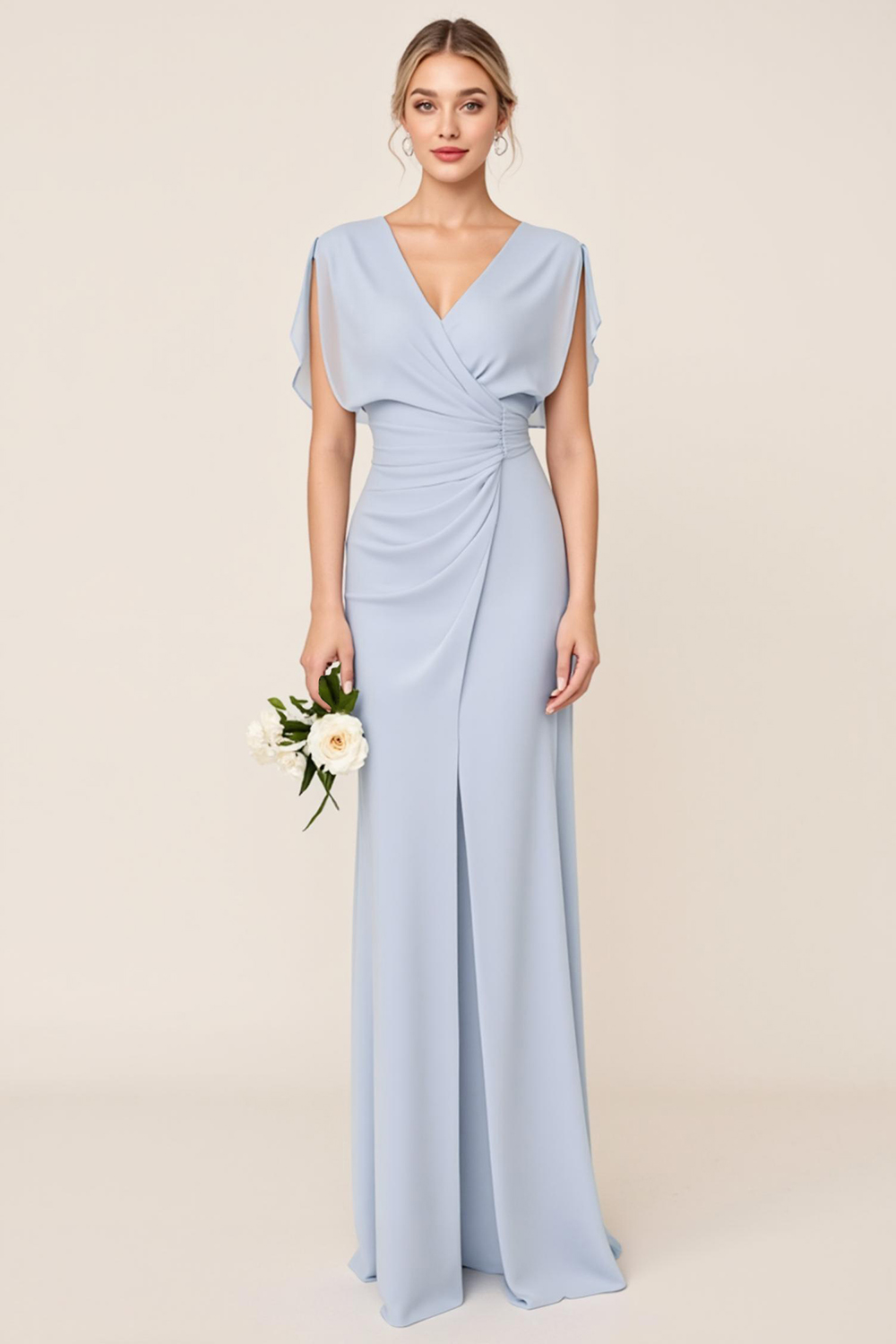 Light Blue V Neck Sheath Maxi Bridesmaid Dress