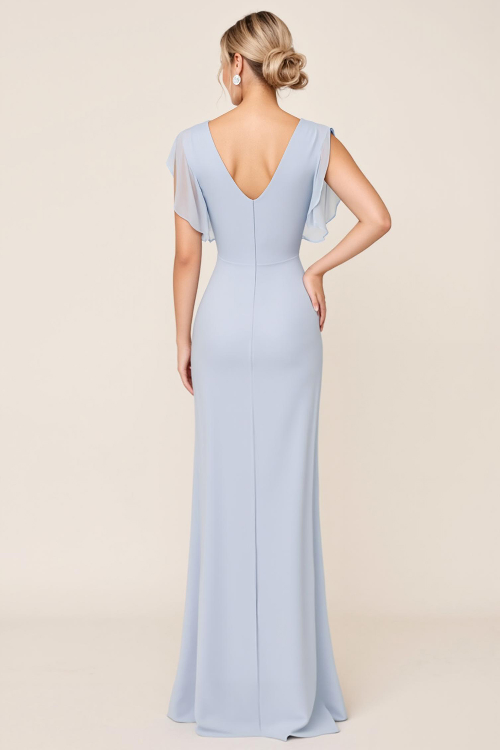 Light Blue V Neck Sheath Maxi Bridesmaid Dress