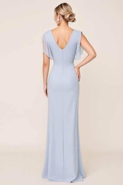 Light Blue V Neck Sheath Maxi Bridesmaid Dress