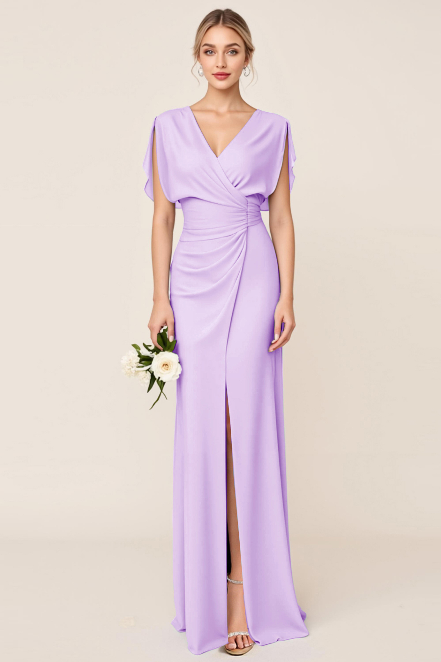 Light Blue V Neck Sheath Maxi Bridesmaid Dress