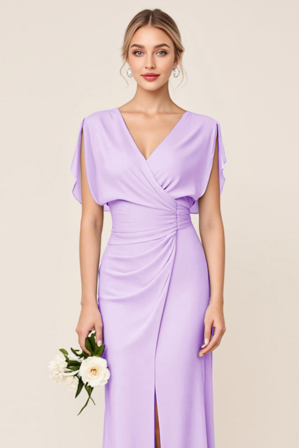 Light Blue V Neck Sheath Maxi Bridesmaid Dress