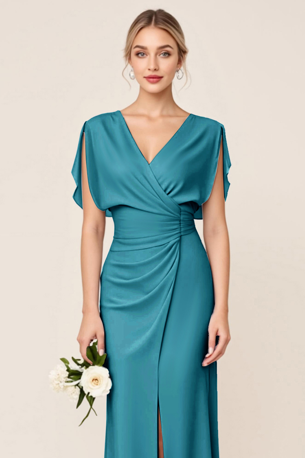 Light Blue V Neck Sheath Maxi Bridesmaid Dress