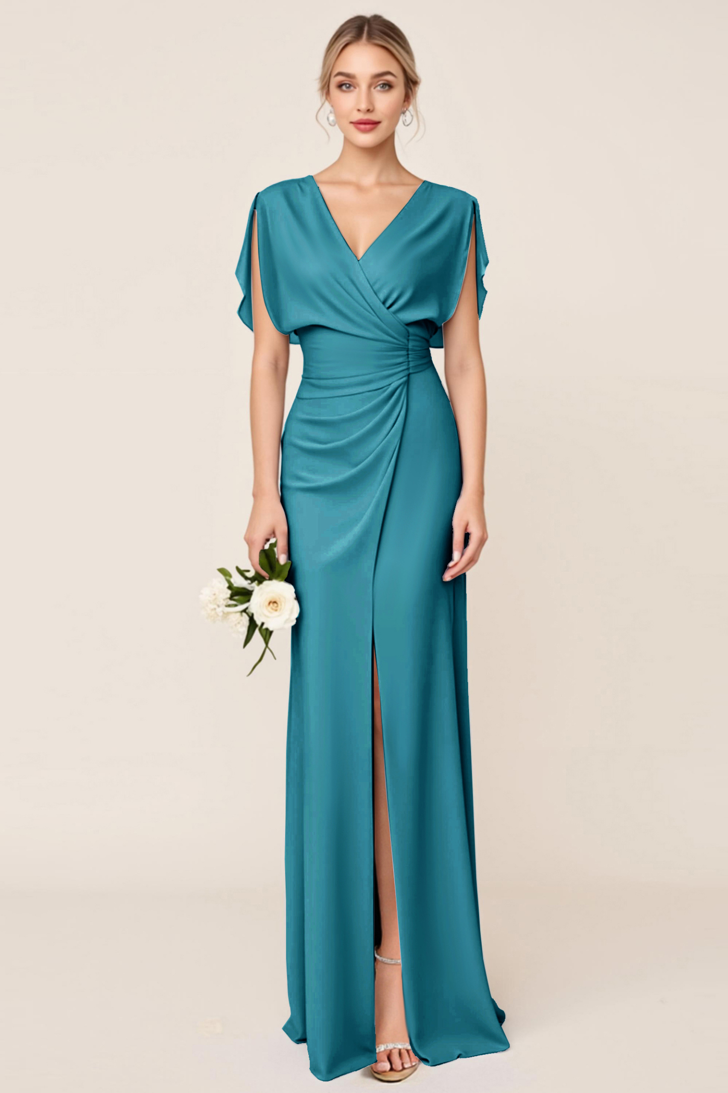 Light Blue V Neck Sheath Maxi Bridesmaid Dress