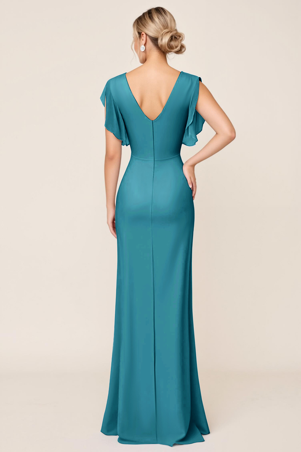 Light Blue V Neck Sheath Maxi Bridesmaid Dress