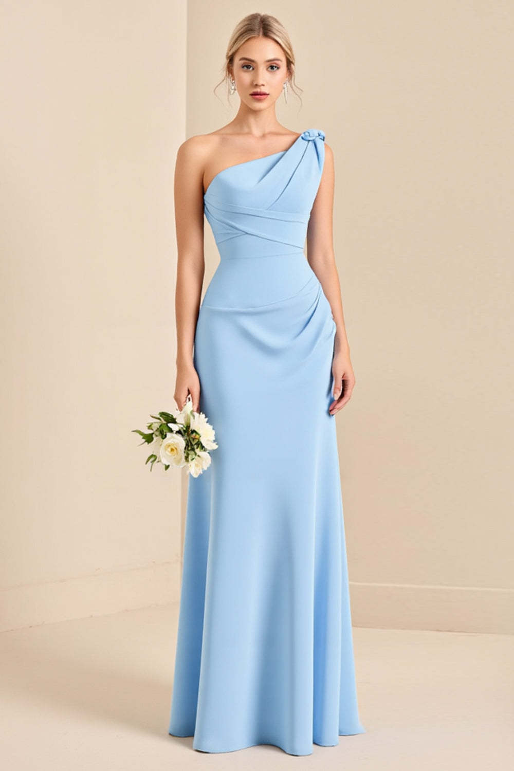 Leely Women Sky Blue Maxi Sheath Bridesmaid Dress One Shoulder Sleeveless Long Wedding Guest Dress