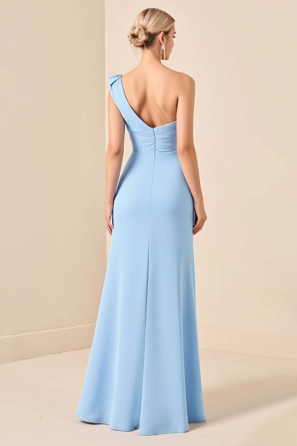 Sky Blue One Shoulder Sheath Maxi Bridesmaid Dress