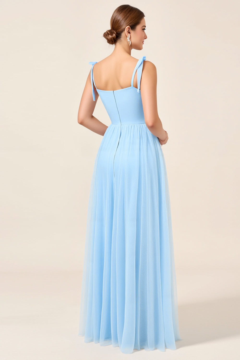 Sky Blue A Line Maxi Spaghetti Straps Bridesmaid Dress with Slit
