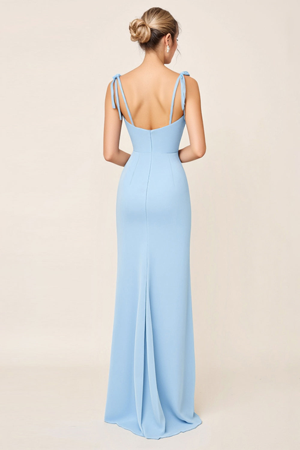 Sky Blue Spaghetti Straps Maxi Sheath Bridesmaid Dress with Slit