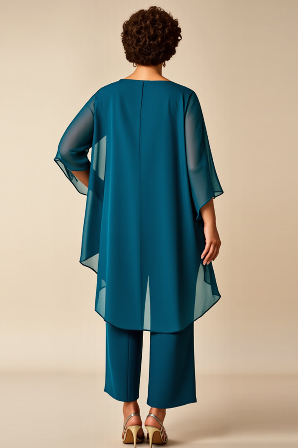 Peacock Chiffon Scoop Neck Plus Size Mother of the Bride Pantsuit