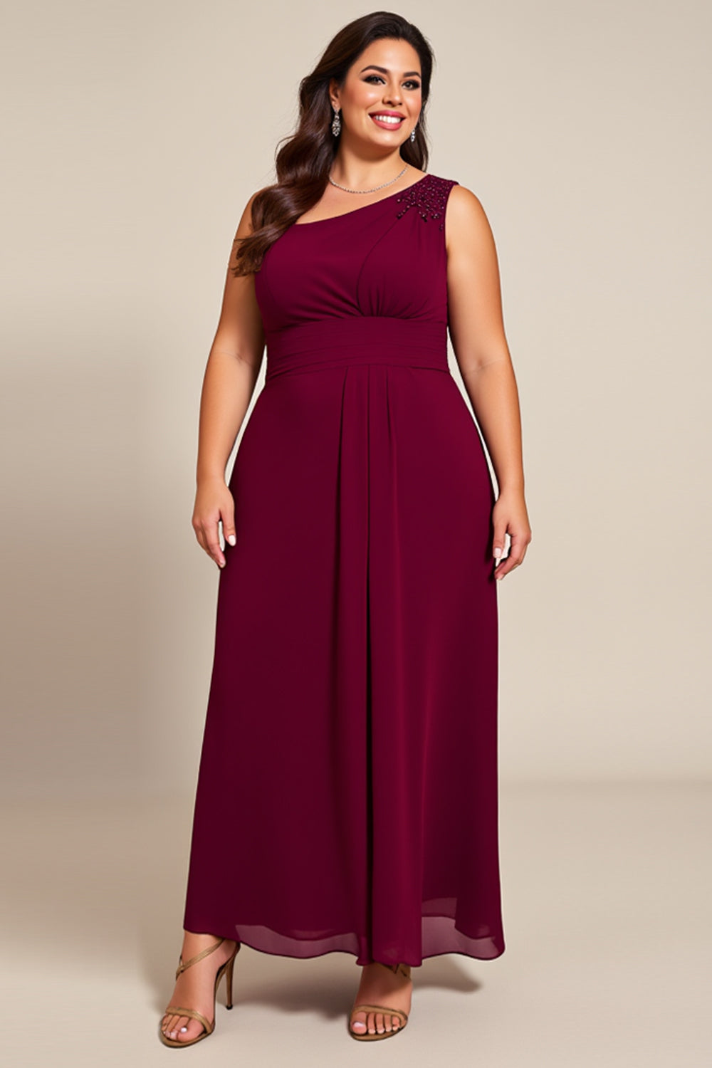 Plus Size Burgundy A Line One Shoulder Chiffon Mother of the Bride Dress