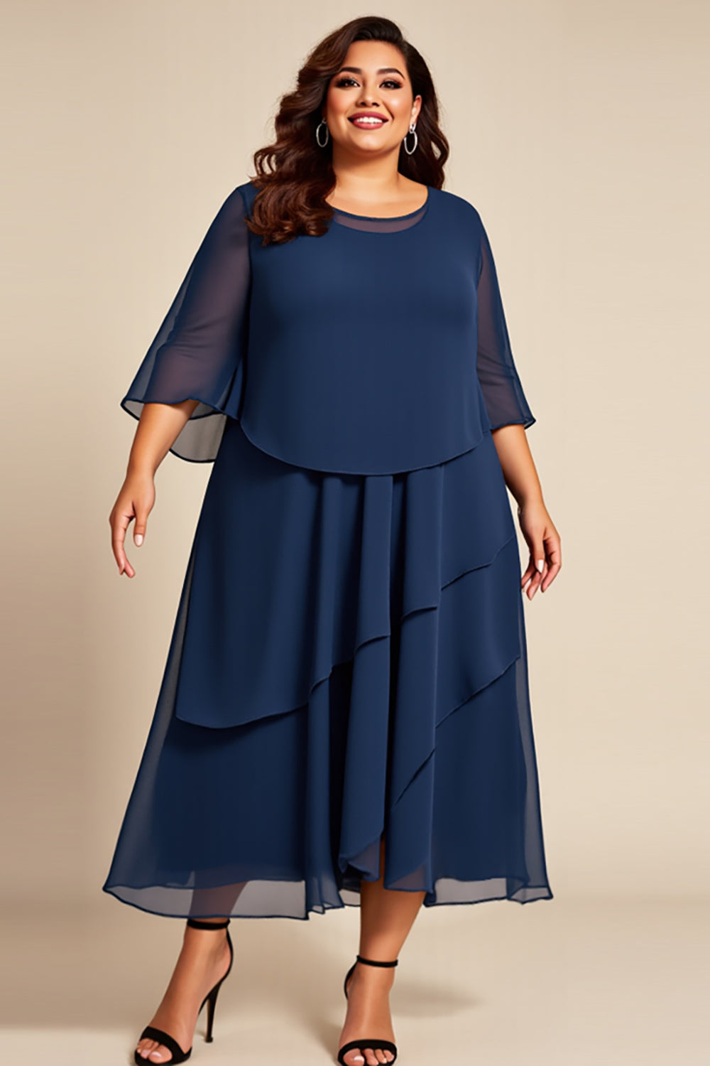 Navy Chiffon Tiered Plus Size Mother of the Bride Dress