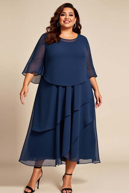 Leely Women Navy Plus Size Chiffon Mother of the Bride Dress Tiered Half Sleeves Scoop Neck Tea Length Wedding Guest Dress