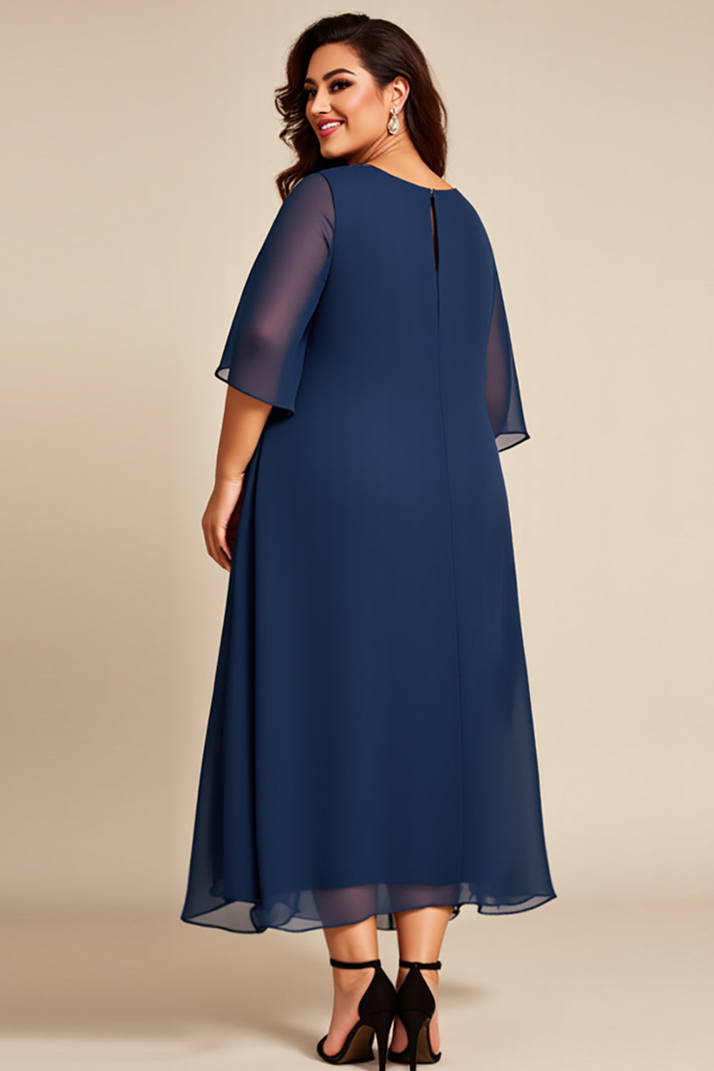 Navy Chiffon Tiered Plus Size Mother of the Bride Dress