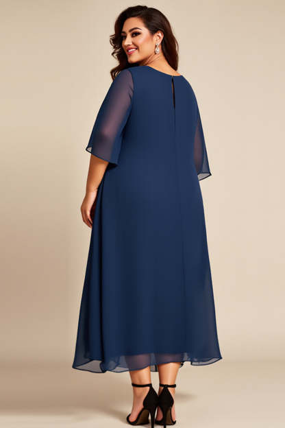 Navy Chiffon Tiered Plus Size Mother of the Bride Dress