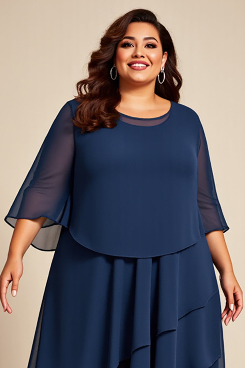 Navy Chiffon Tiered Plus Size Mother of the Bride Dress