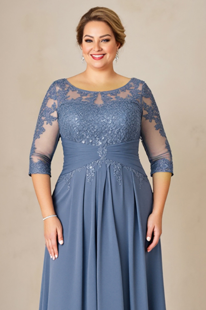 Dusty Blue Plus Size Blue Ruched Mother of the Bride Dress with Appliques