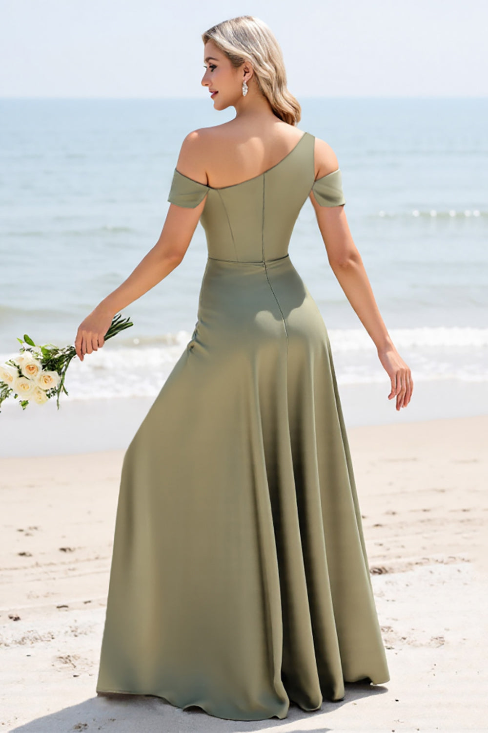 Olive A Line One Shoulder Satin Maxi Bridesmaid Dress with Slit