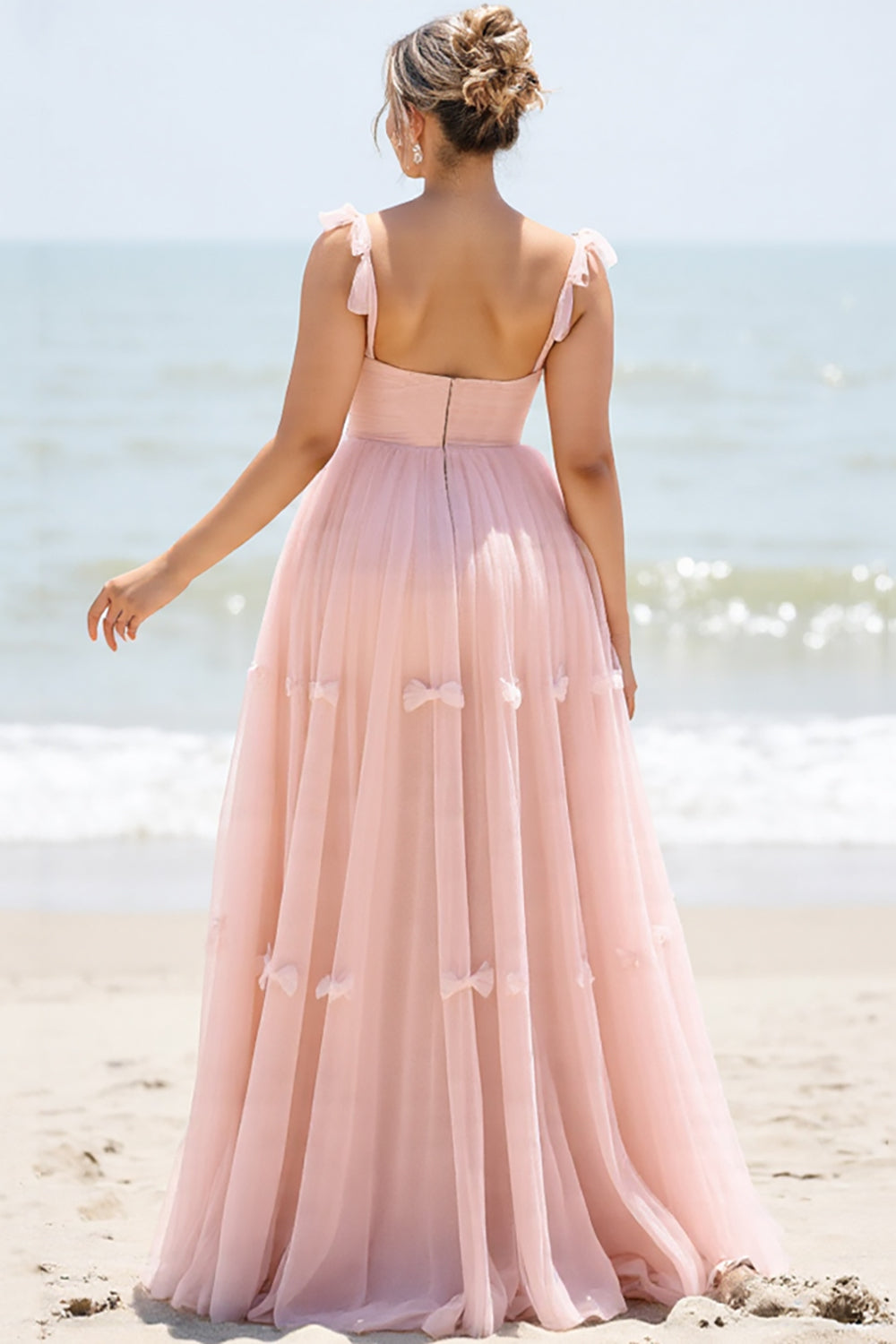 Blush Pink Spaghetti Straps Maxi A Line Bridesmaid Dress with Bow