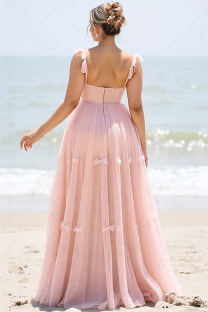 Blush Pink Spaghetti Straps Maxi A Line Bridesmaid Dress with Bow